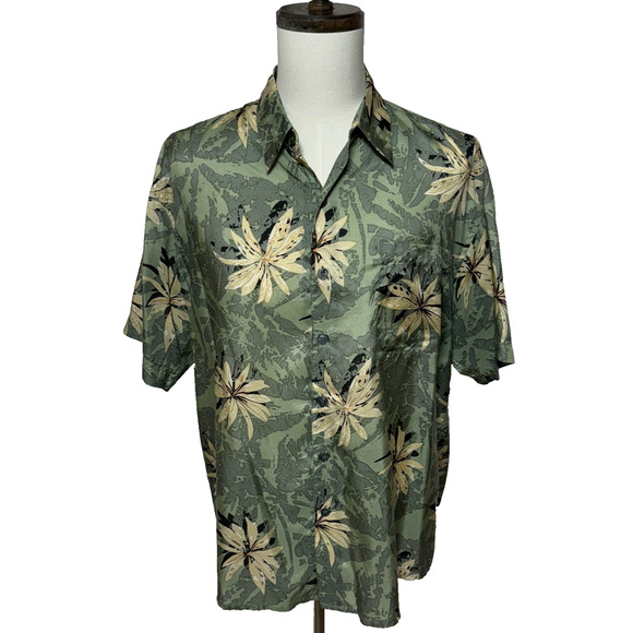 Windham Pointe Shirt Mens Large Green Tan Hawaiian Floral Silk Blend Beachy - Picture 1 of 8